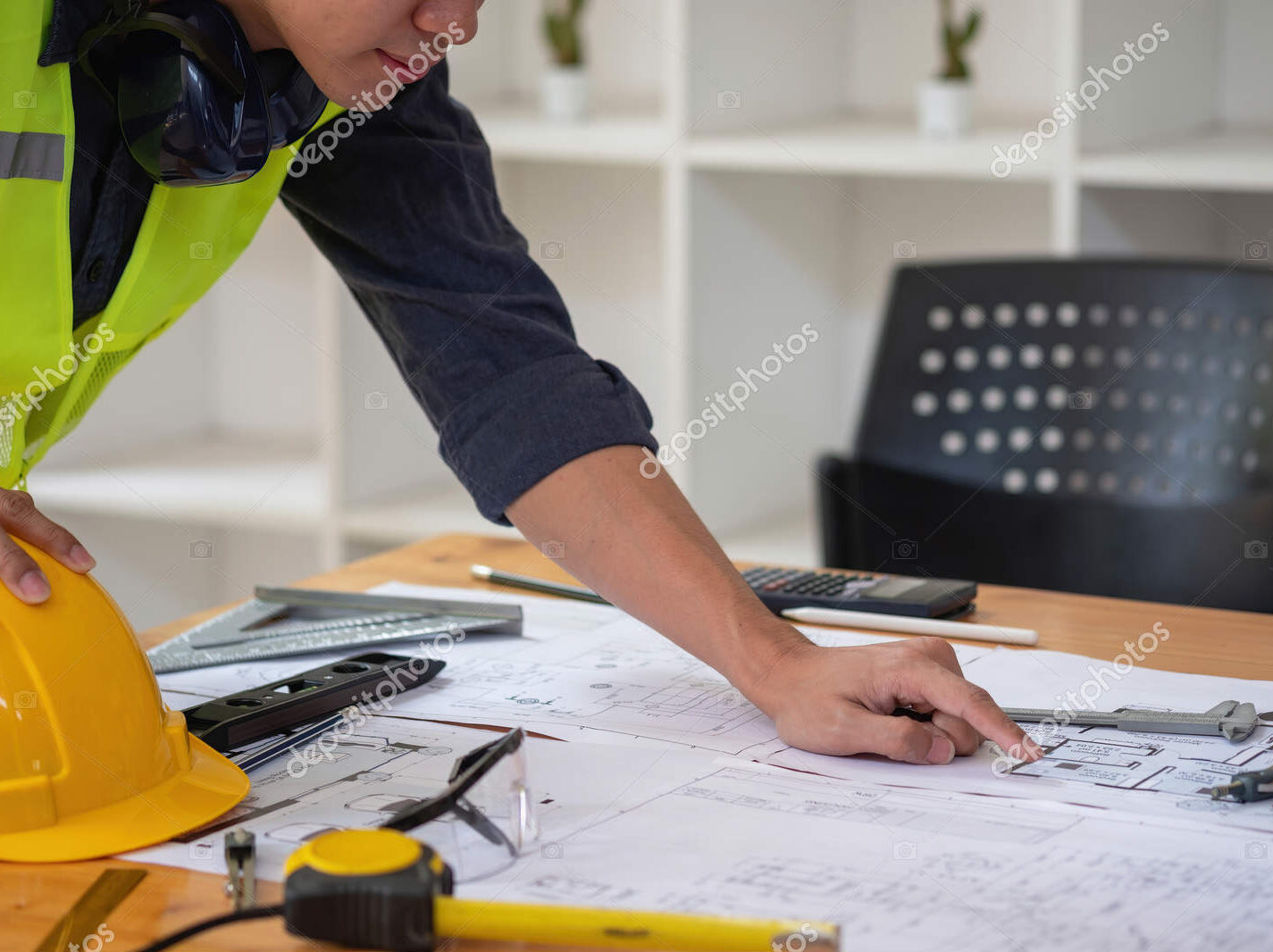engineers brainstorm and measure to document cost estimates and write floor plans for architectural and engineering designs for houses and buildings.